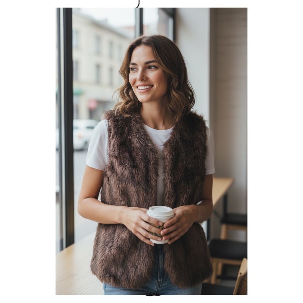 ✨‎ Sebby Collection Faux Fur Vest – Brown Burgundy – Size M